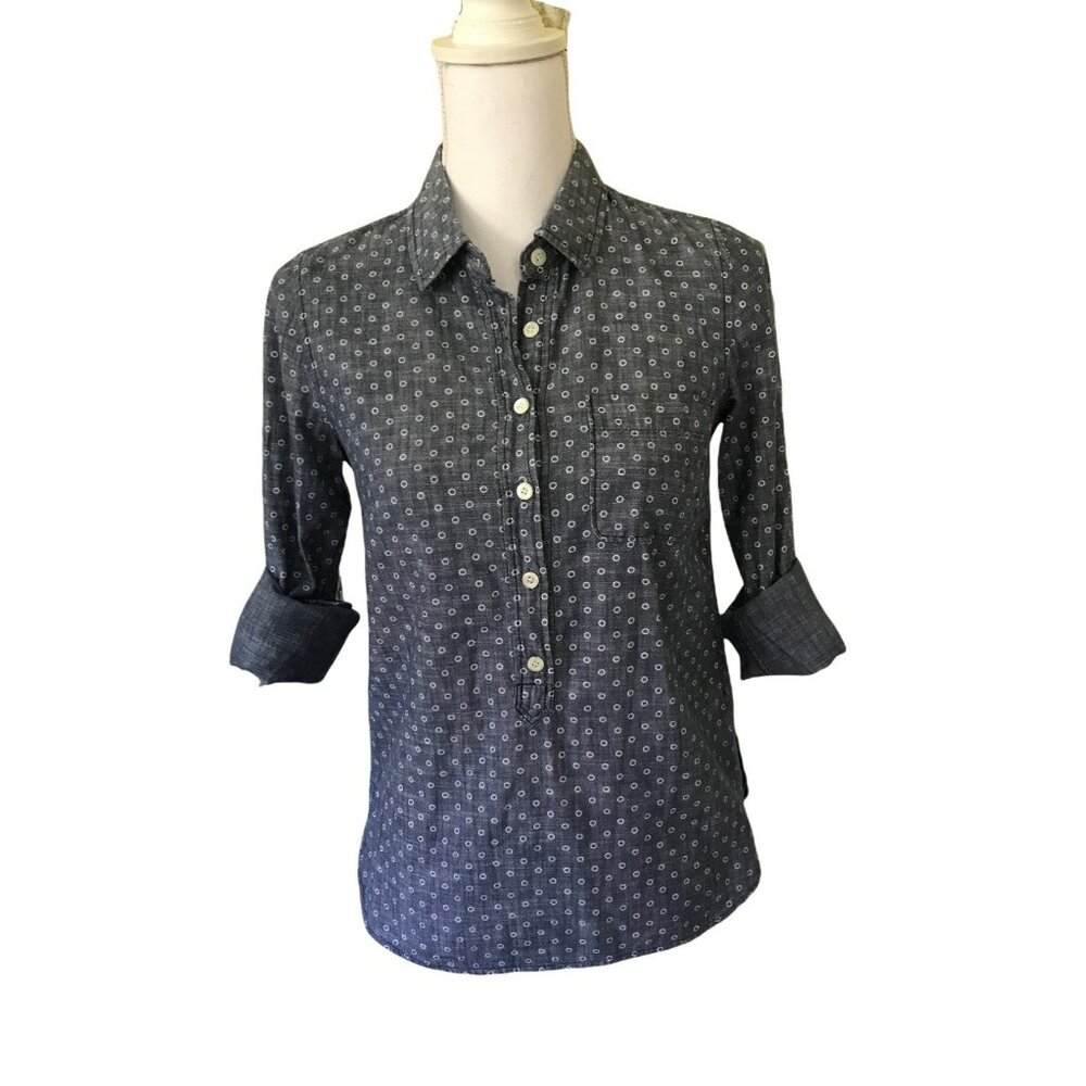 J Crew Chambray Shirt Button Front Circle Pattern Long Sleeve Size 00